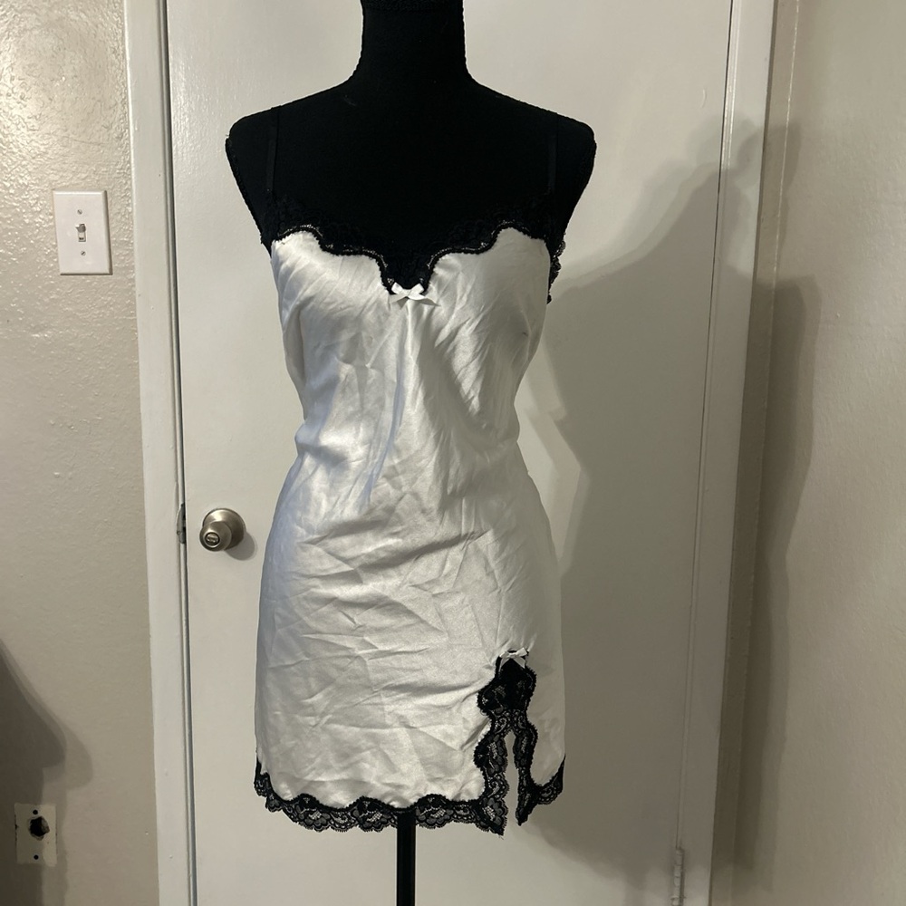 Victoria’s Secret White Satin Slip Dress with Black Lace Trim